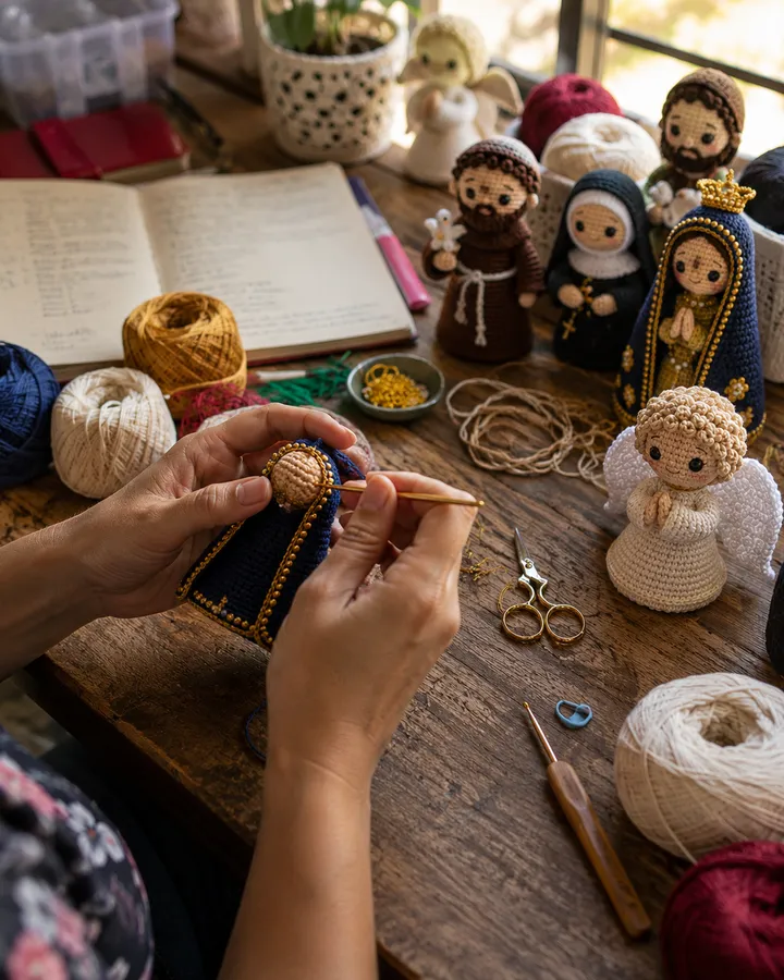 M&atilde;os produzindo um santinho cat&oacute;lico em amigurumi